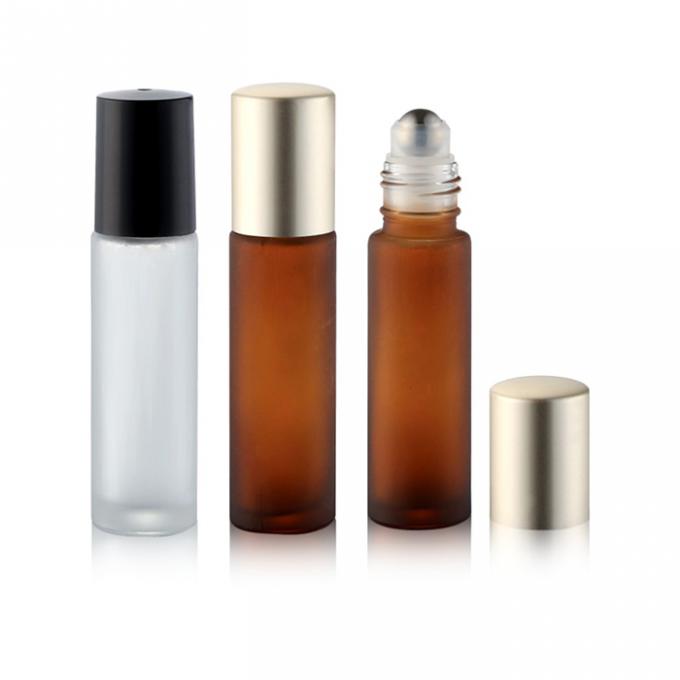 Frosted Glass 10ml Roller Bottles For Essential Oils , Empty Rollerball Bottles With Black Ball Housing