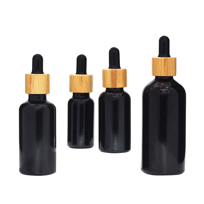 Black Glass Serum Dropper Bottle With Bamboo Lid 1oz 2oz 4oz